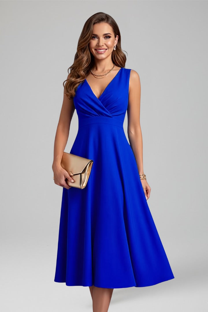 V Neck Fit Flare Midi Dress - Blue