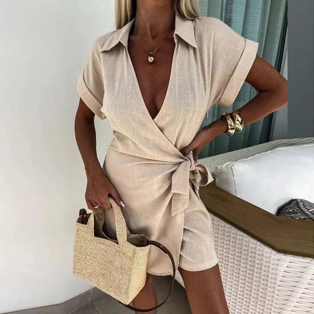 V Neck Wrap Romper - Beige