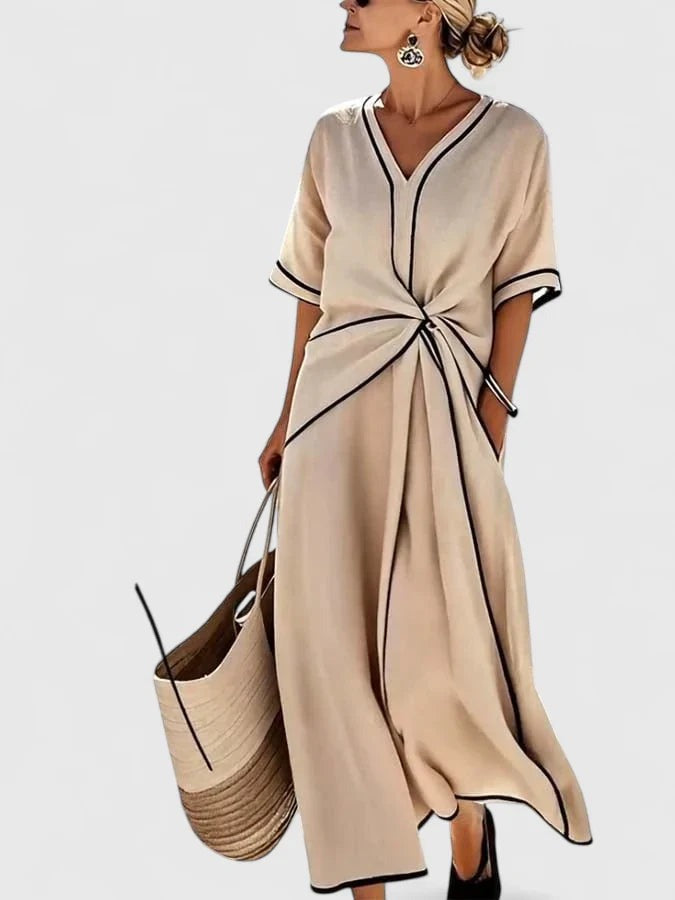 Long Sleeve Pleated Midi Dress - Beige