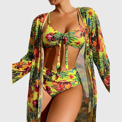 Floral Bikini 3 Piece Set - Yellow
