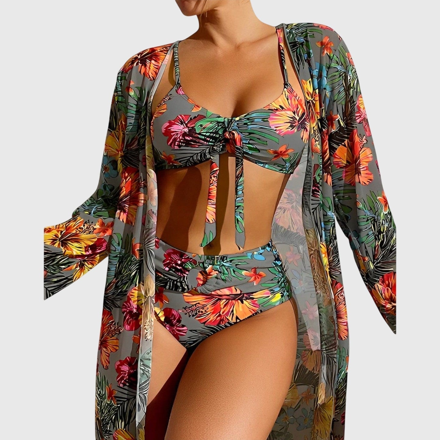 Floral Bikini 3 Piece Set - Gray