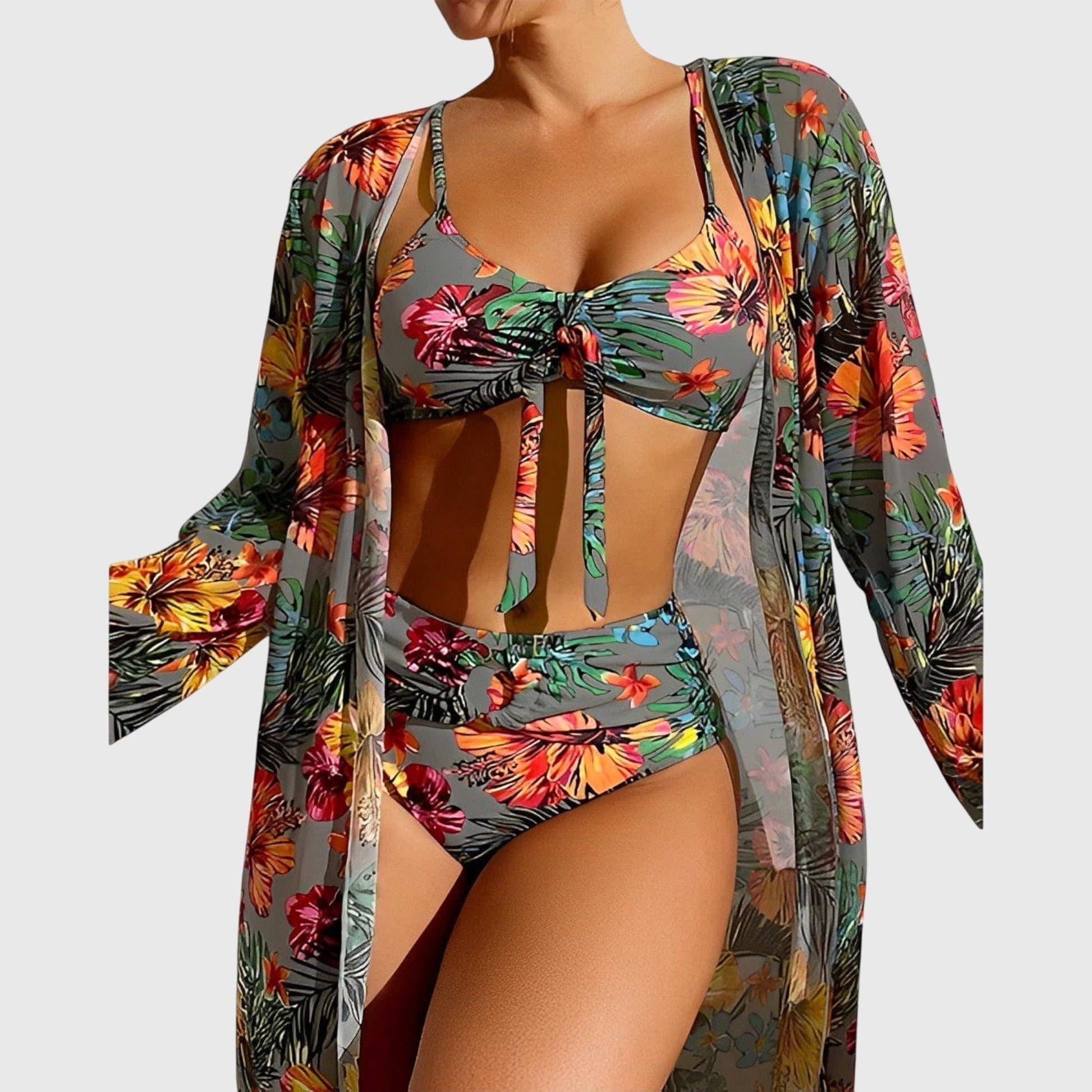 Floral Bikini 3 Piece Set - Gray