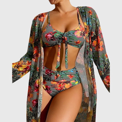 Floral Bikini 3 Piece Set - Gray