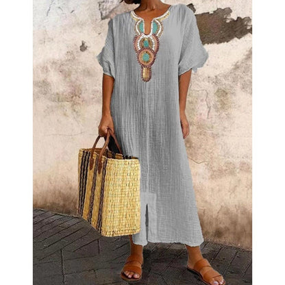 Embroidered Beach Maxi Dress - Grey