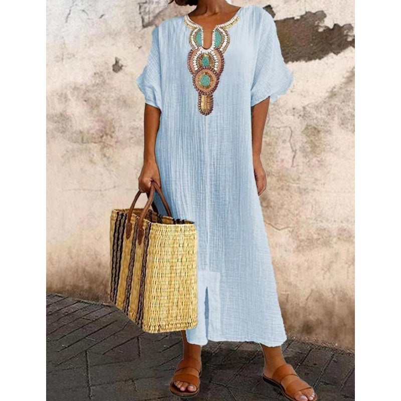 Embroidered Beach Maxi Dress - Blue