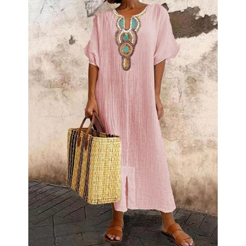 Embroidered Beach Maxi Dress - Pink