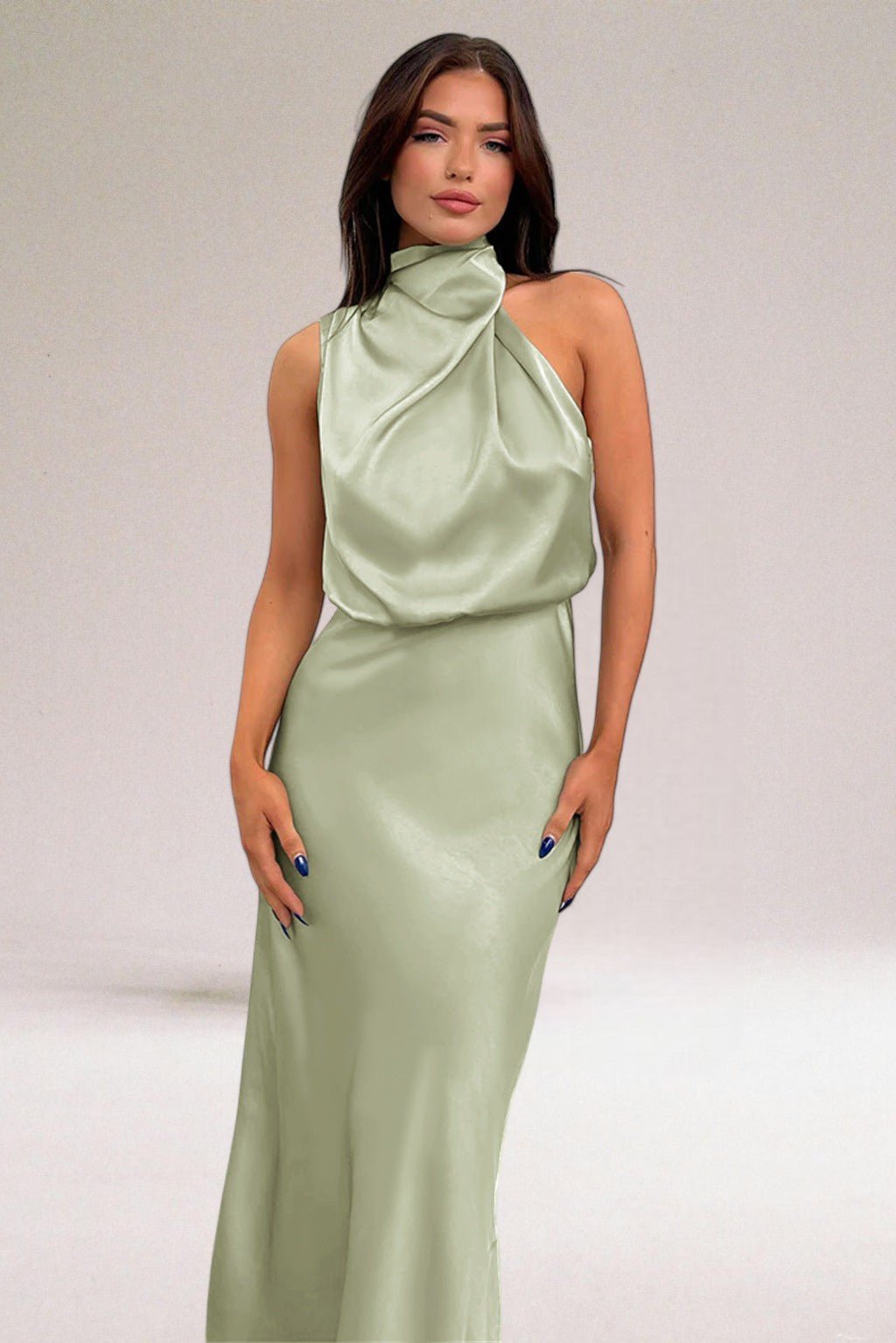 Women's Halter Satin Maxi Dress - Light Green
