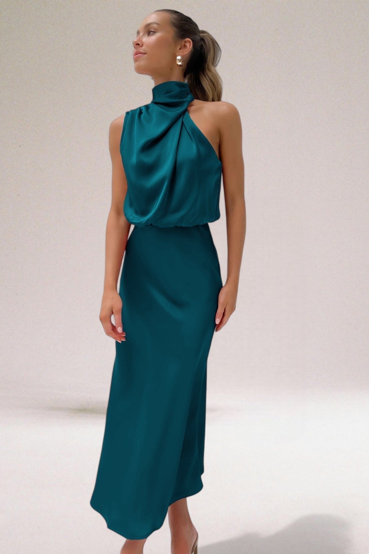 Women's Halter Satin Maxi Dress - Aqua
