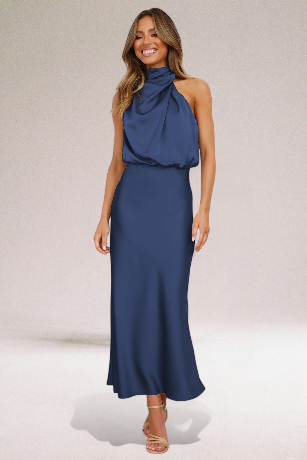 Women's Halter Satin Maxi Dress - Navy Blue