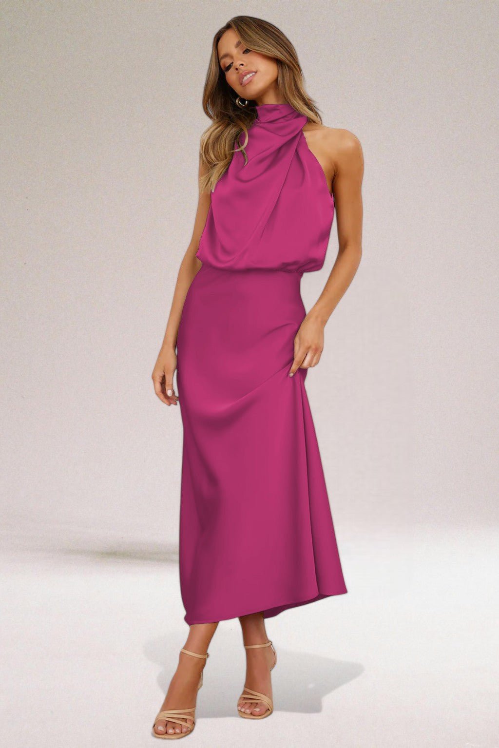 Women's Halter Satin Maxi Dress - Magenta