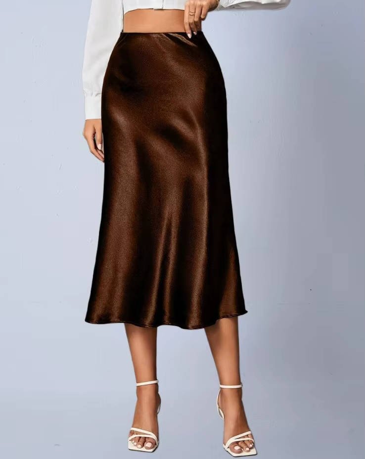 Women's High-Waisted Satin Midi Skirt - Brown