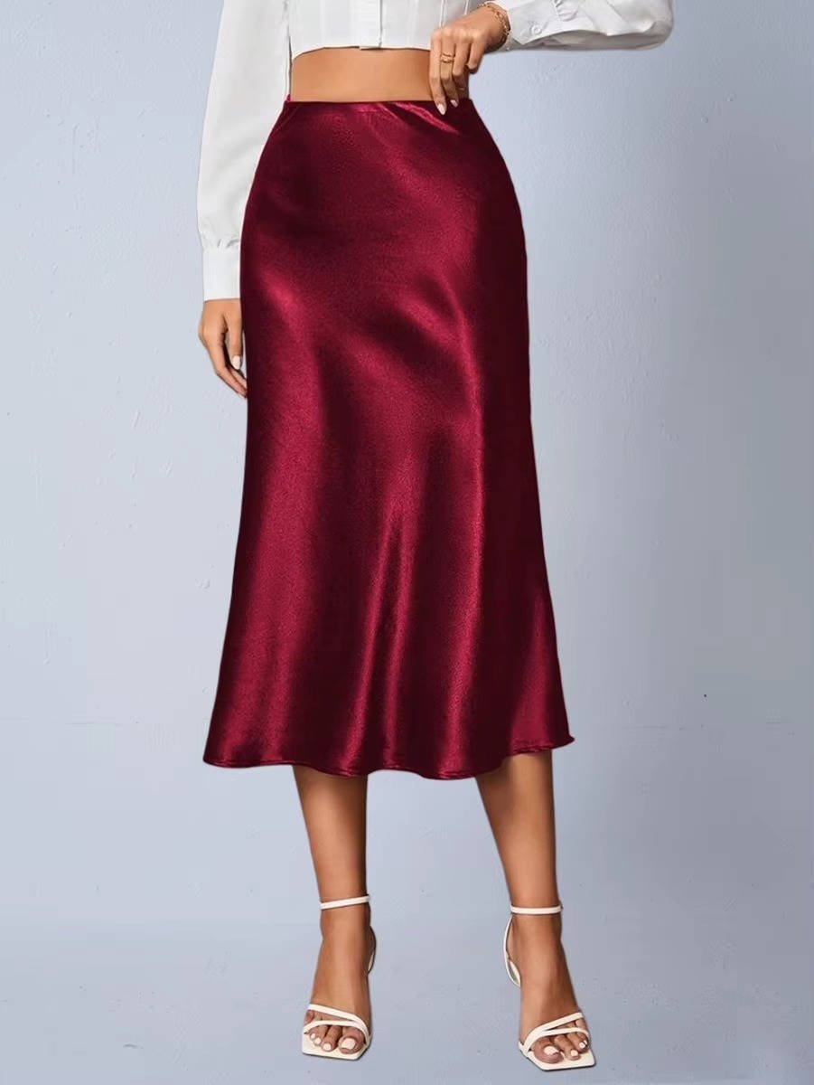 Women's High-Waisted Satin Midi Skirt - Wine Red