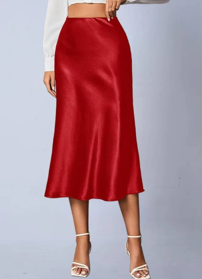 Women's High-Waisted Satin Midi Skirt - Red