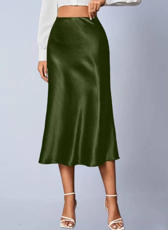 Women's High-Waisted Satin Midi Skirt - Green