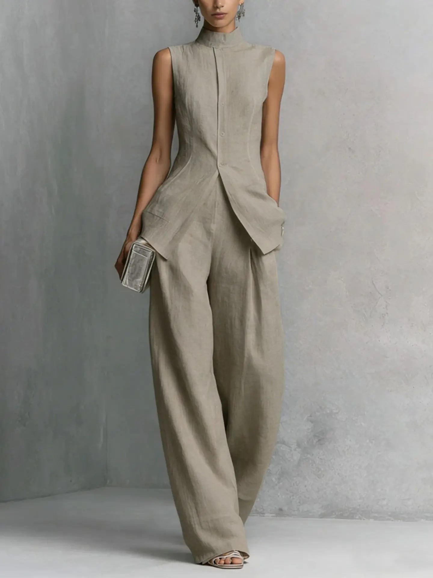 Sleeveless Pants Two Piece Set - Beige