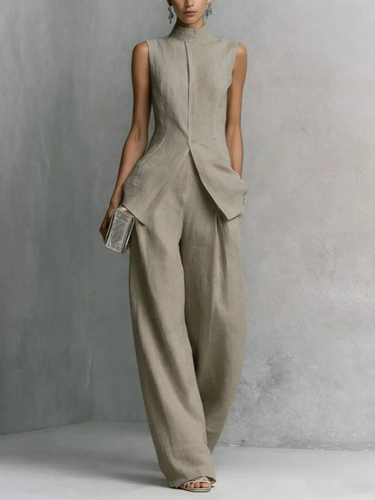 Sleeveless Pants Two Piece Set - Beige