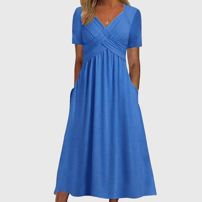 Ruched Empire Waist Midi Dress - Blue