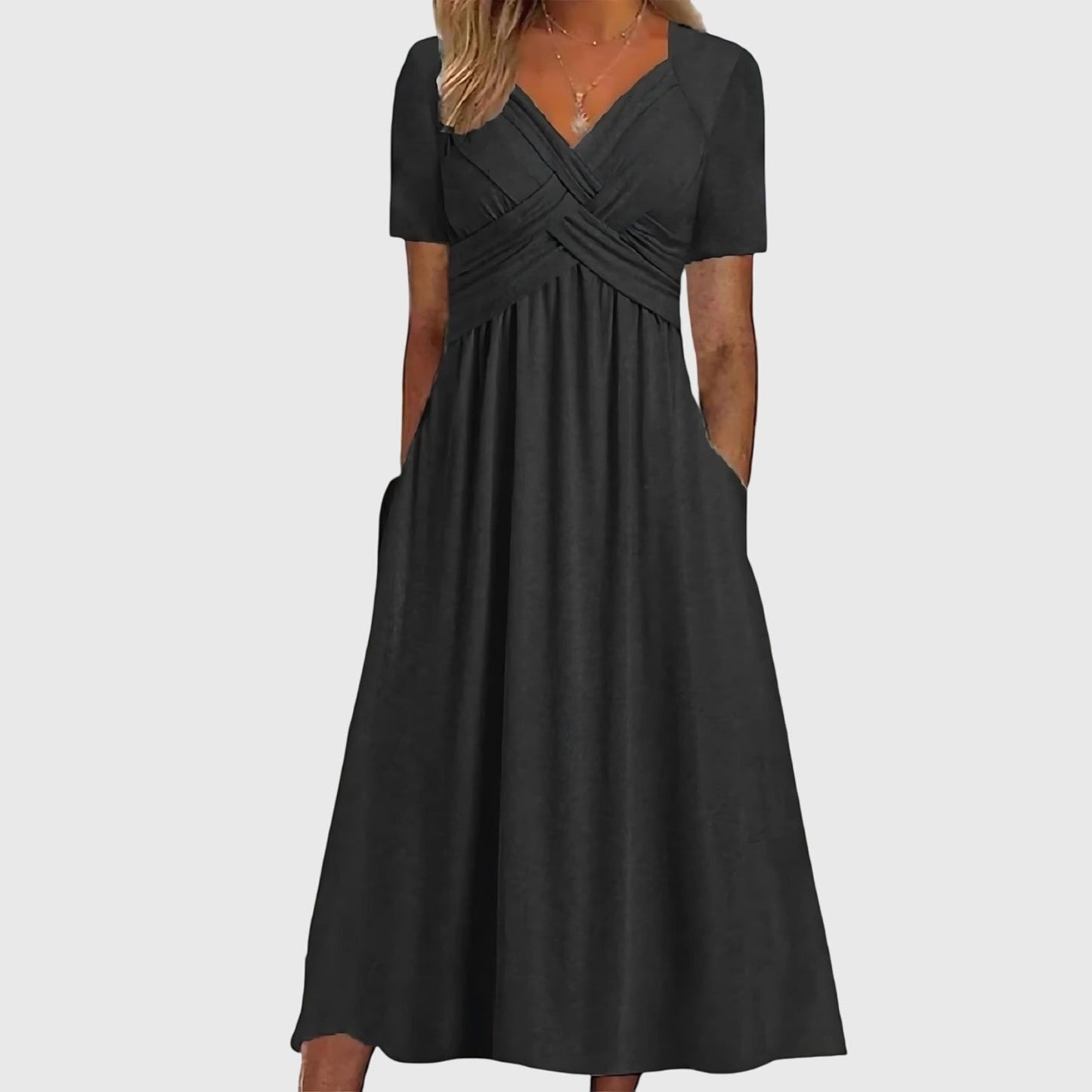 Ruched Empire Waist Midi Dress - Black