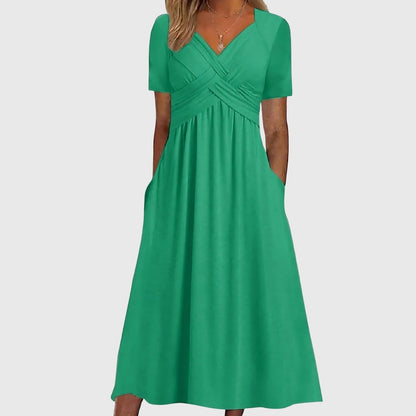Ruched Empire Waist Midi Dress - Green