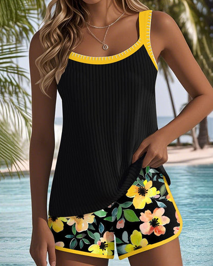 Tankini Swimsuit Two Piece Set - Yellow