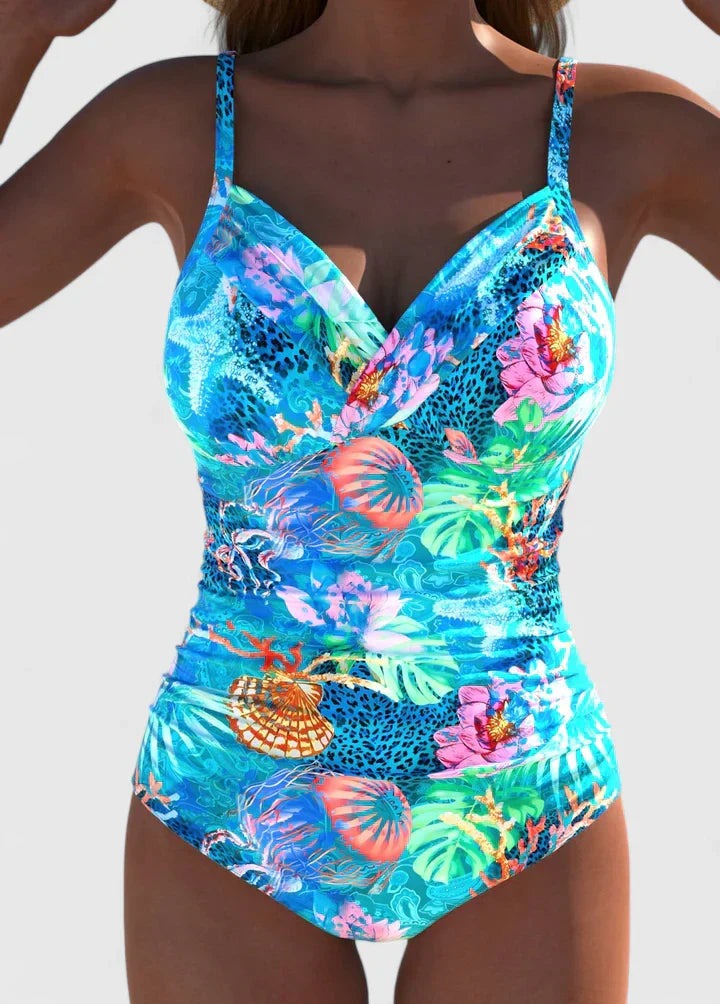 Floral One Piece Swimsuit - Cyan