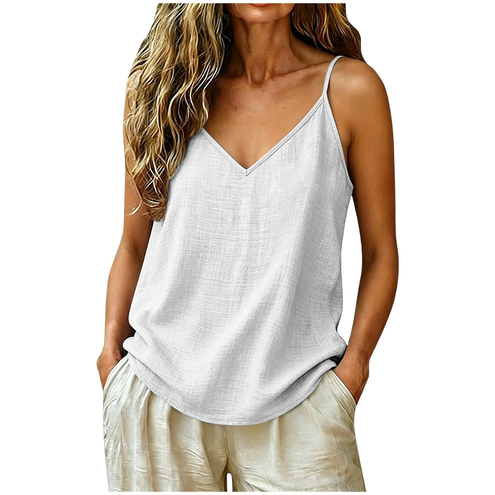 Women's Linen Blend V-Neck Tank Top - White