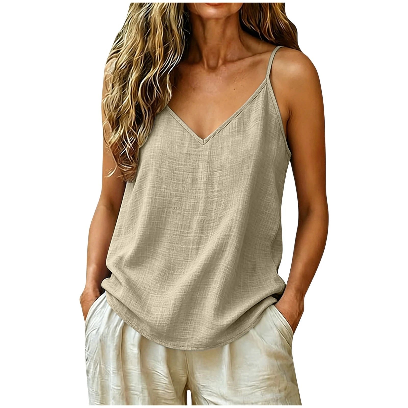Women's Linen Blend V-Neck Tank Top - Light Yellow