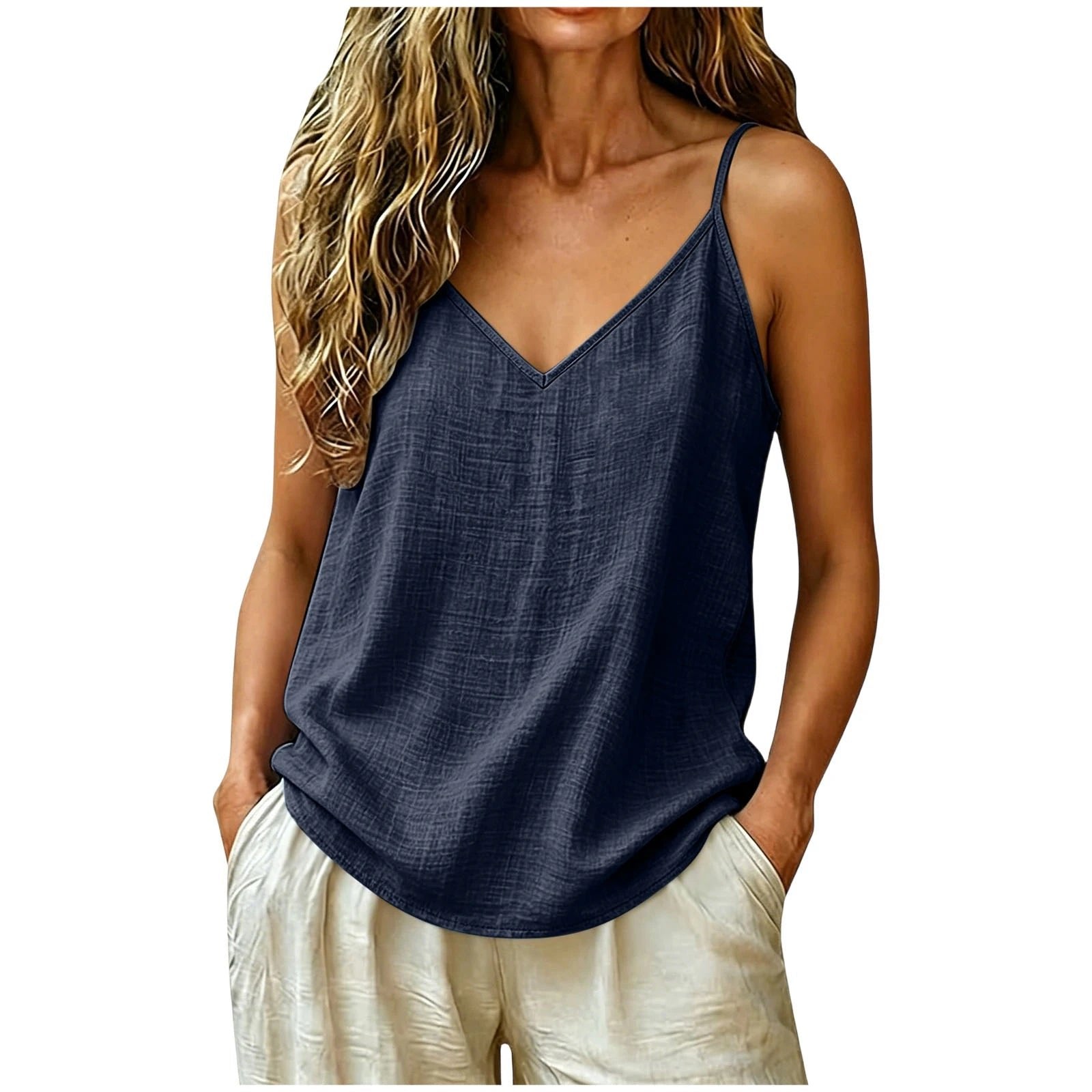 Women's Linen Blend V-Neck Tank Top - Navy