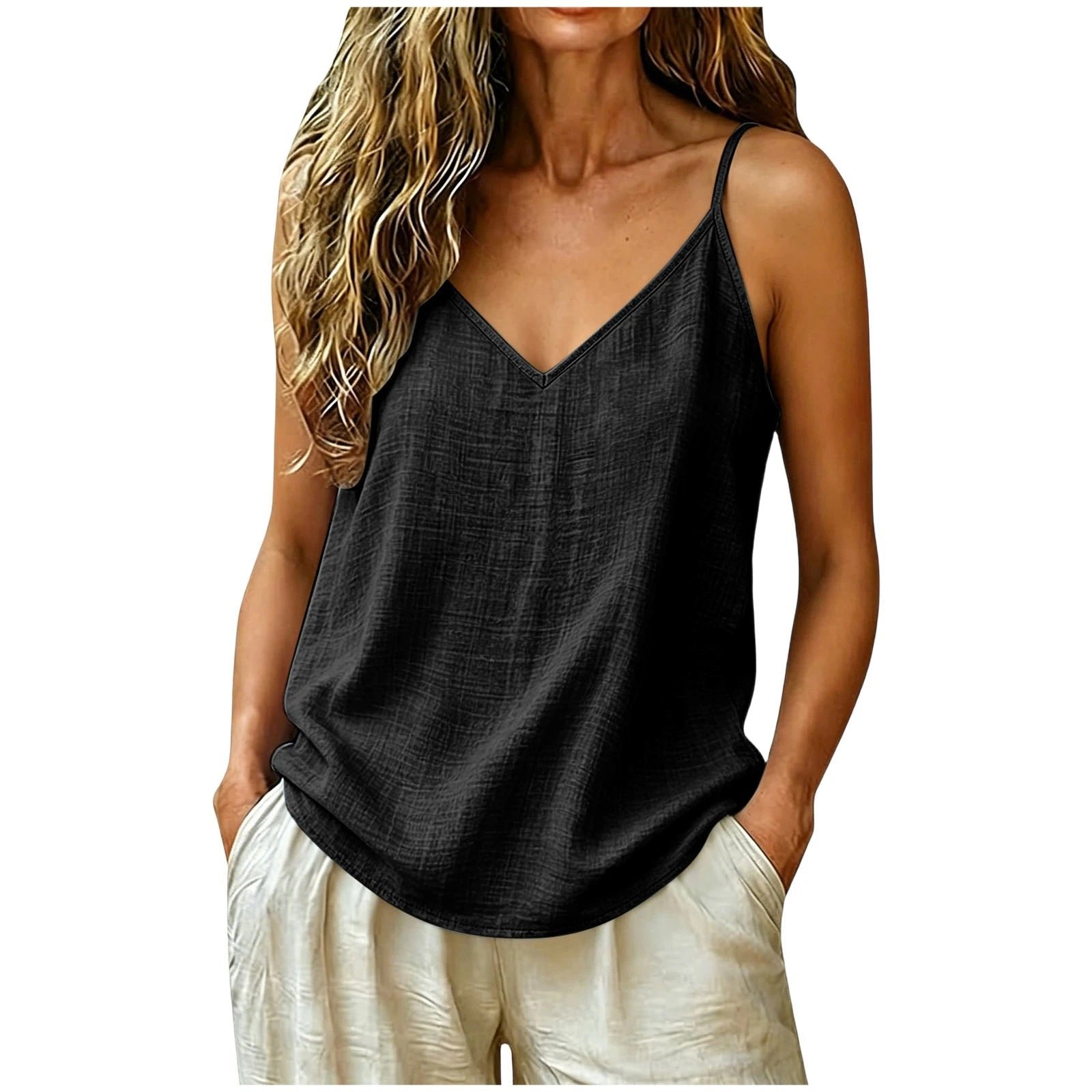 Women's Linen Blend V-Neck Tank Top - Black
