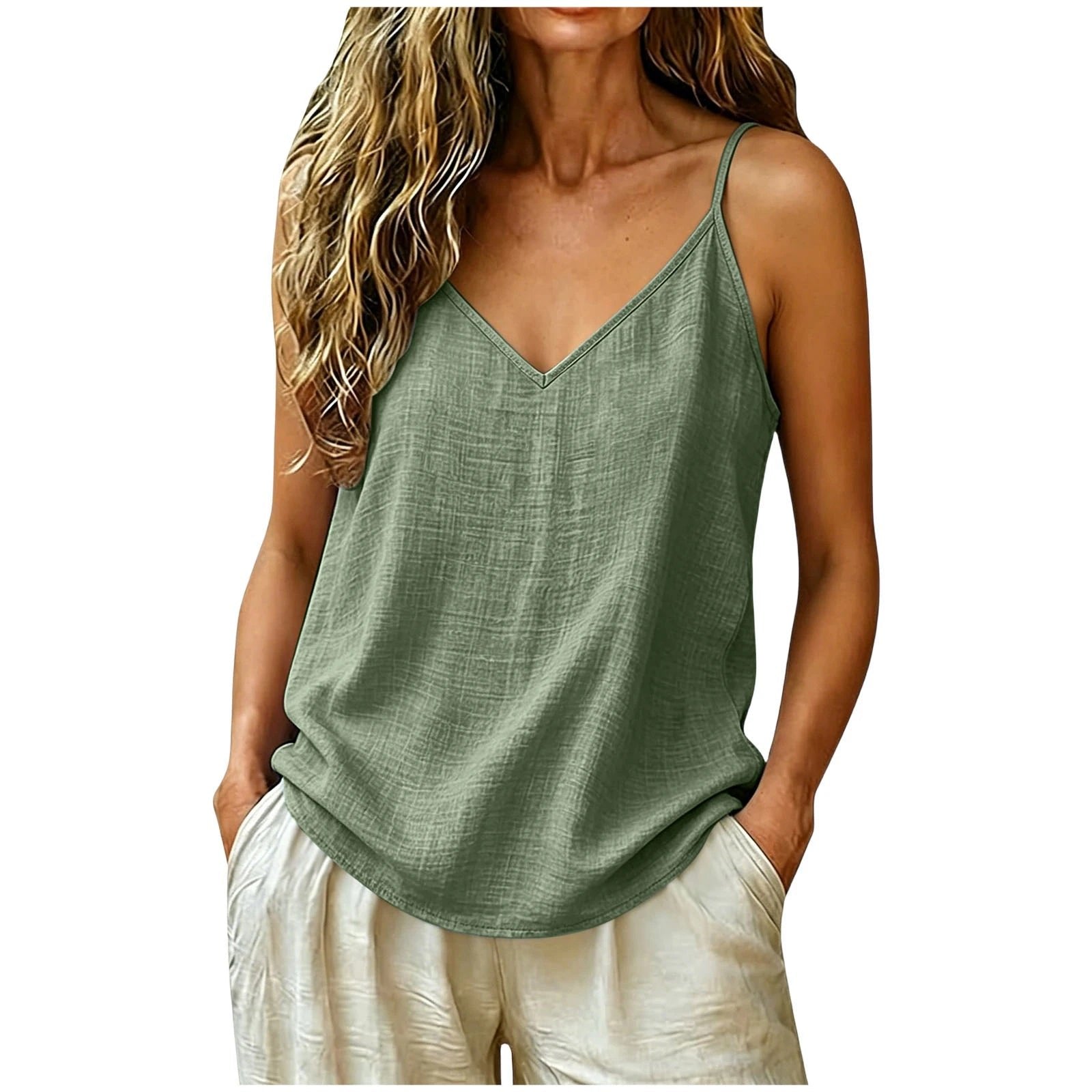 Women's Linen Blend V-Neck Tank Top - Green
