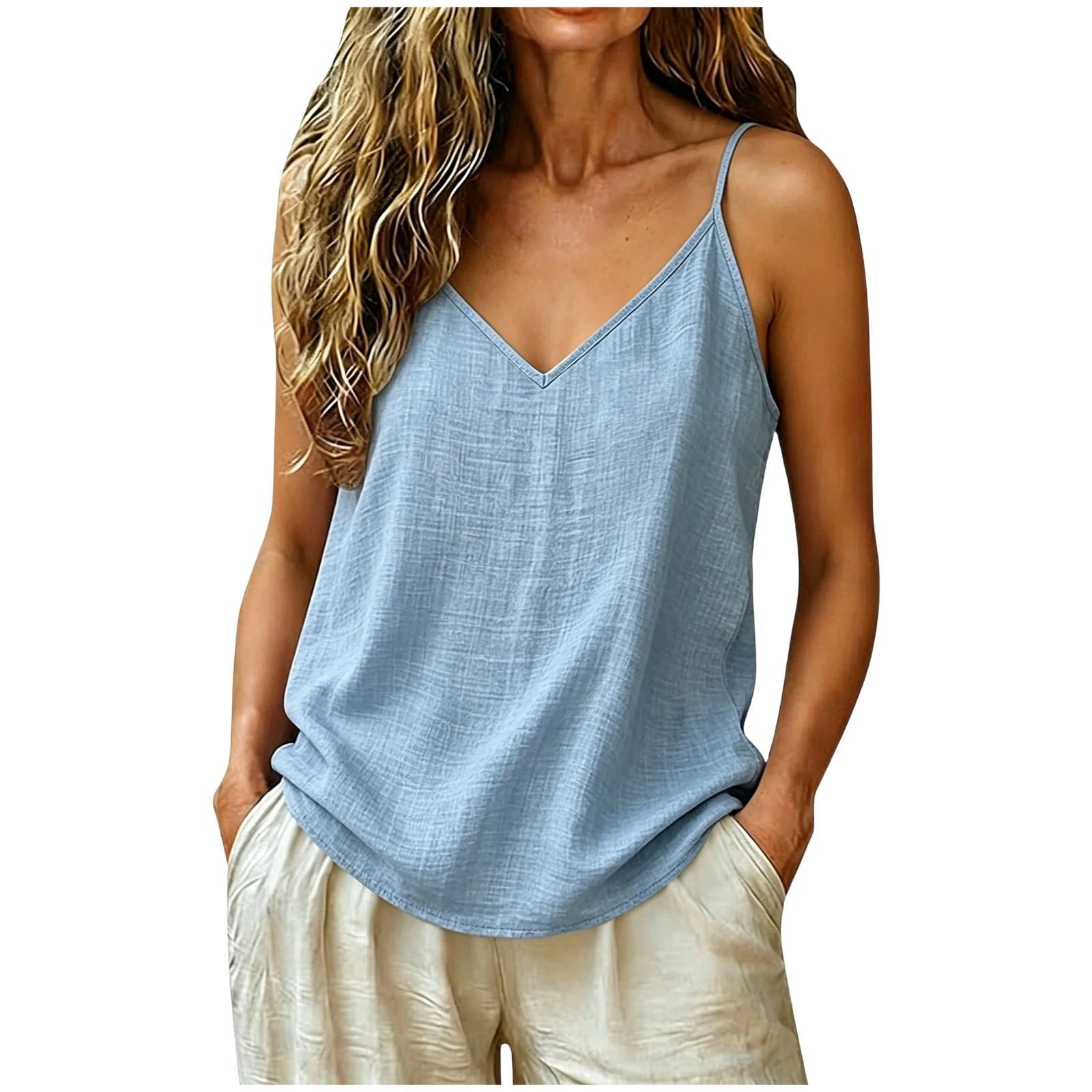 Women's Linen Blend V-Neck Tank Top - Light Blue