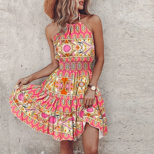 Floral Halter Mini Dress - Pink