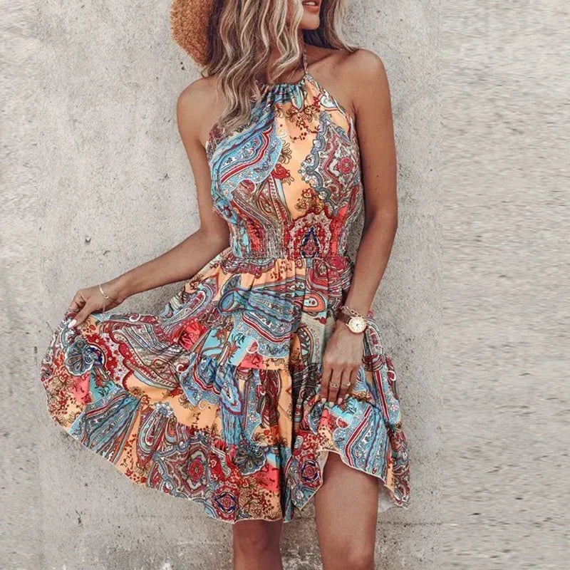 Floral Halter Mini Dress - Light Blue