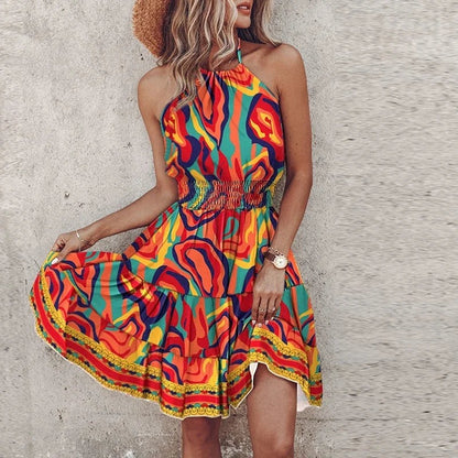 Floral Halter Mini Dress - Orange