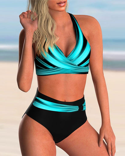 High Waisted Bikini Two Piece Set - Blue/ Black