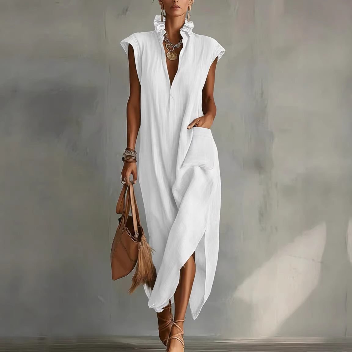 Women's V-Neck Maxi Shirt Dress - White