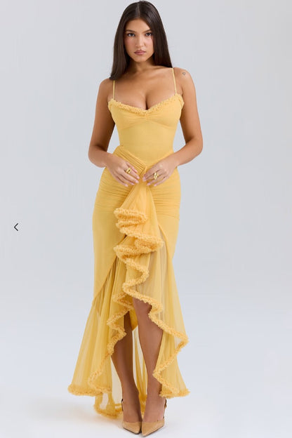 Ruched Bodycon Maxi Dress - Yellow