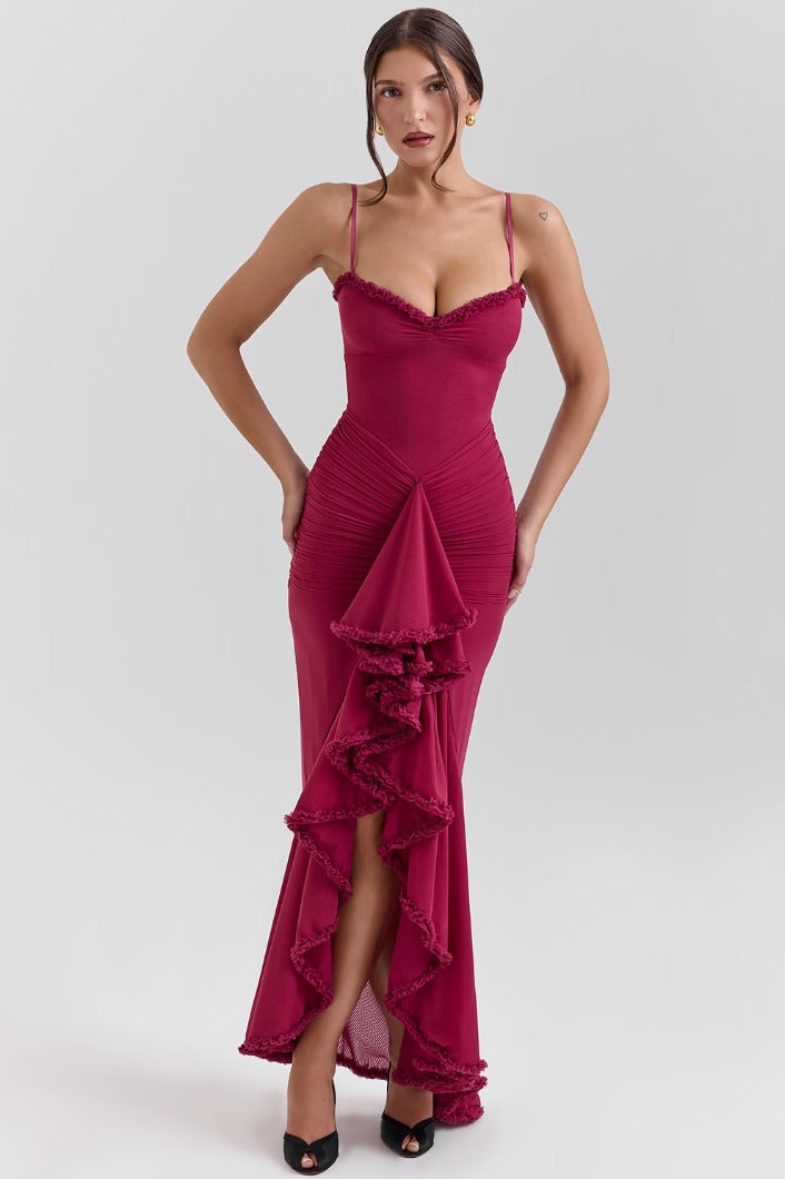 Ruched Bodycon Maxi Dress - Burgundy