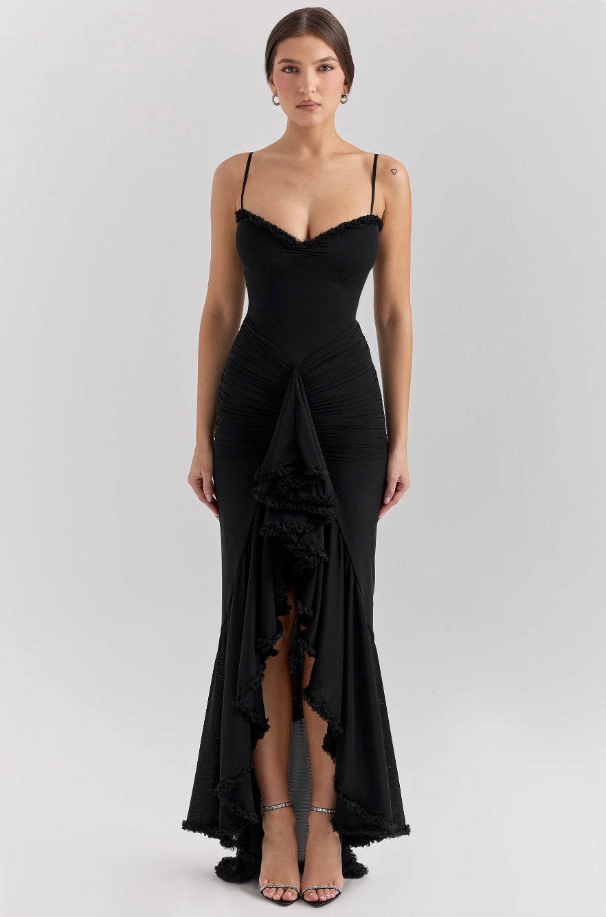 Ruched Bodycon Maxi Dress - Black