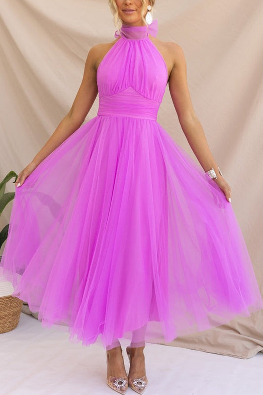 Halter Tulle Midi Dress - Dark pink