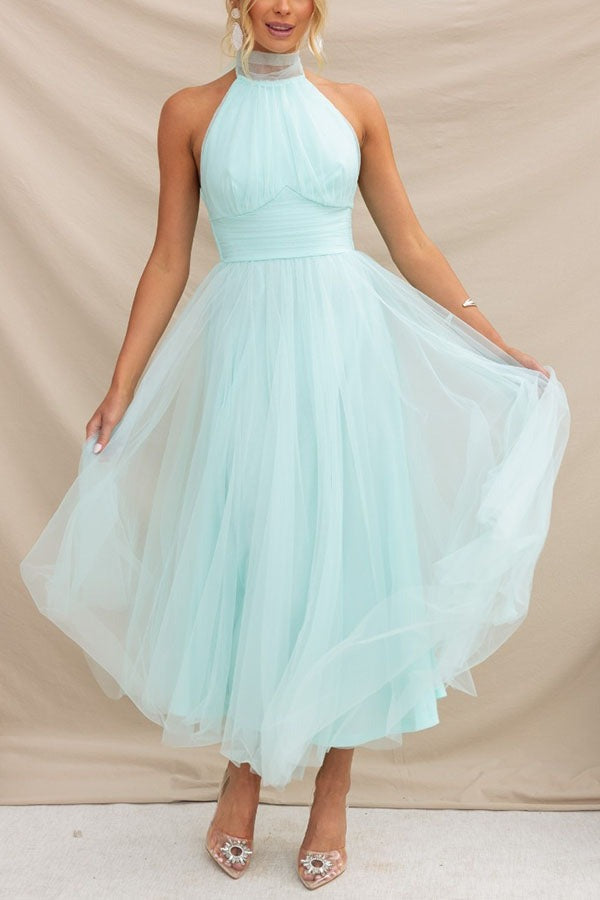 Halter Tulle Midi Dress - Light blue