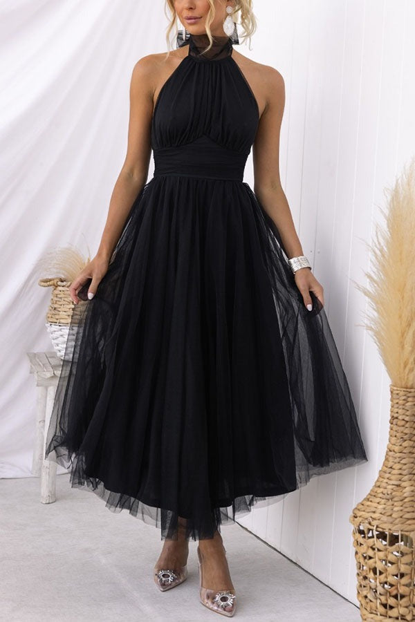 Halter Tulle Midi Dress - Black