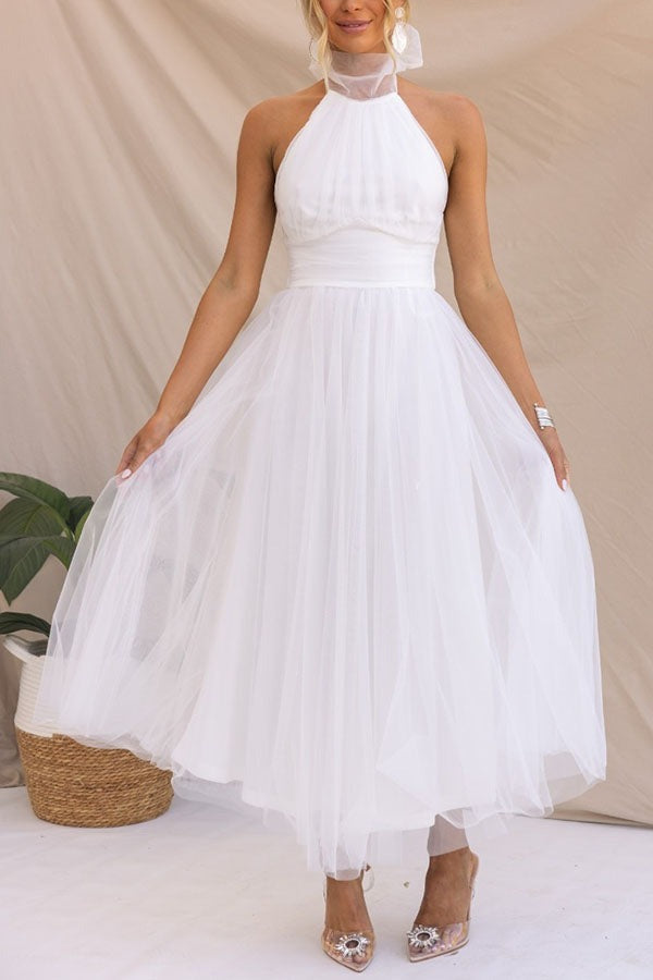 Halter Tulle Midi Dress - White