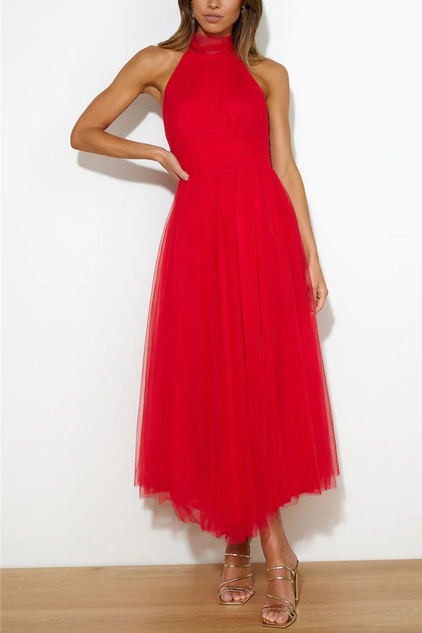 Halter Tulle Midi Dress - Red