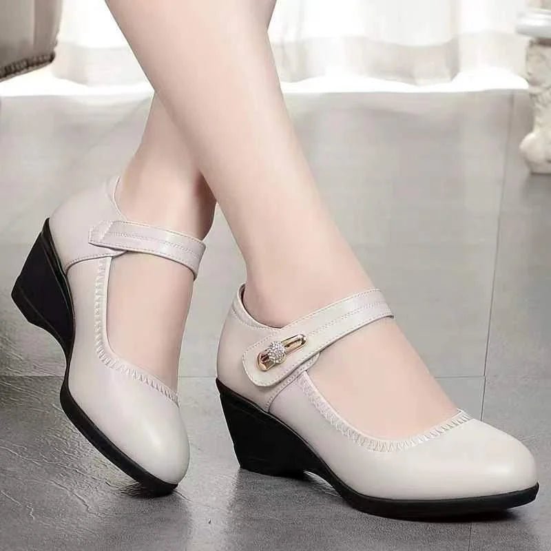 Women's Faux Leather Mary Jane Wedges - Beige