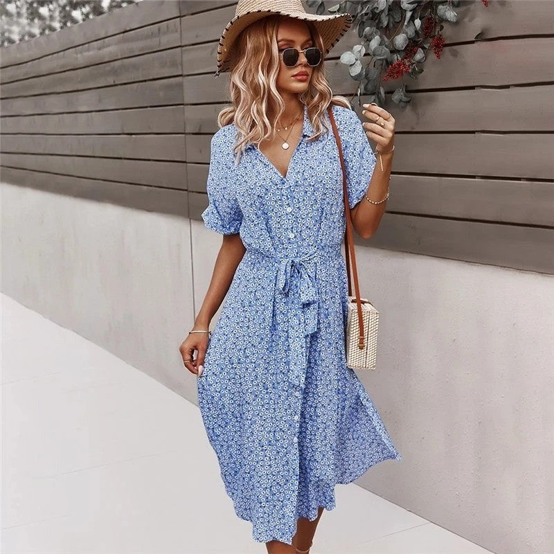 Floral Wrap Midi Dress - Blue