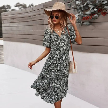 Floral Wrap Midi Dress - Black