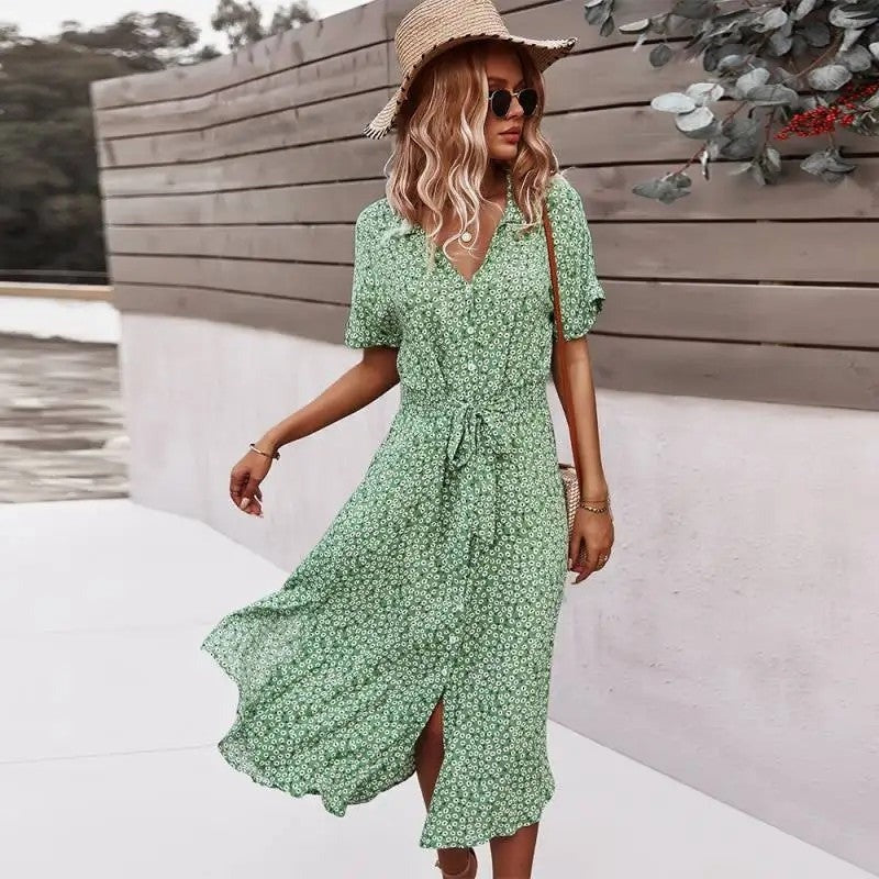 Floral Wrap Midi Dress - Green