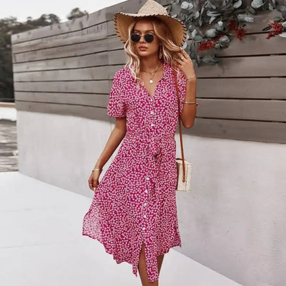 Floral Wrap Midi Dress - Red