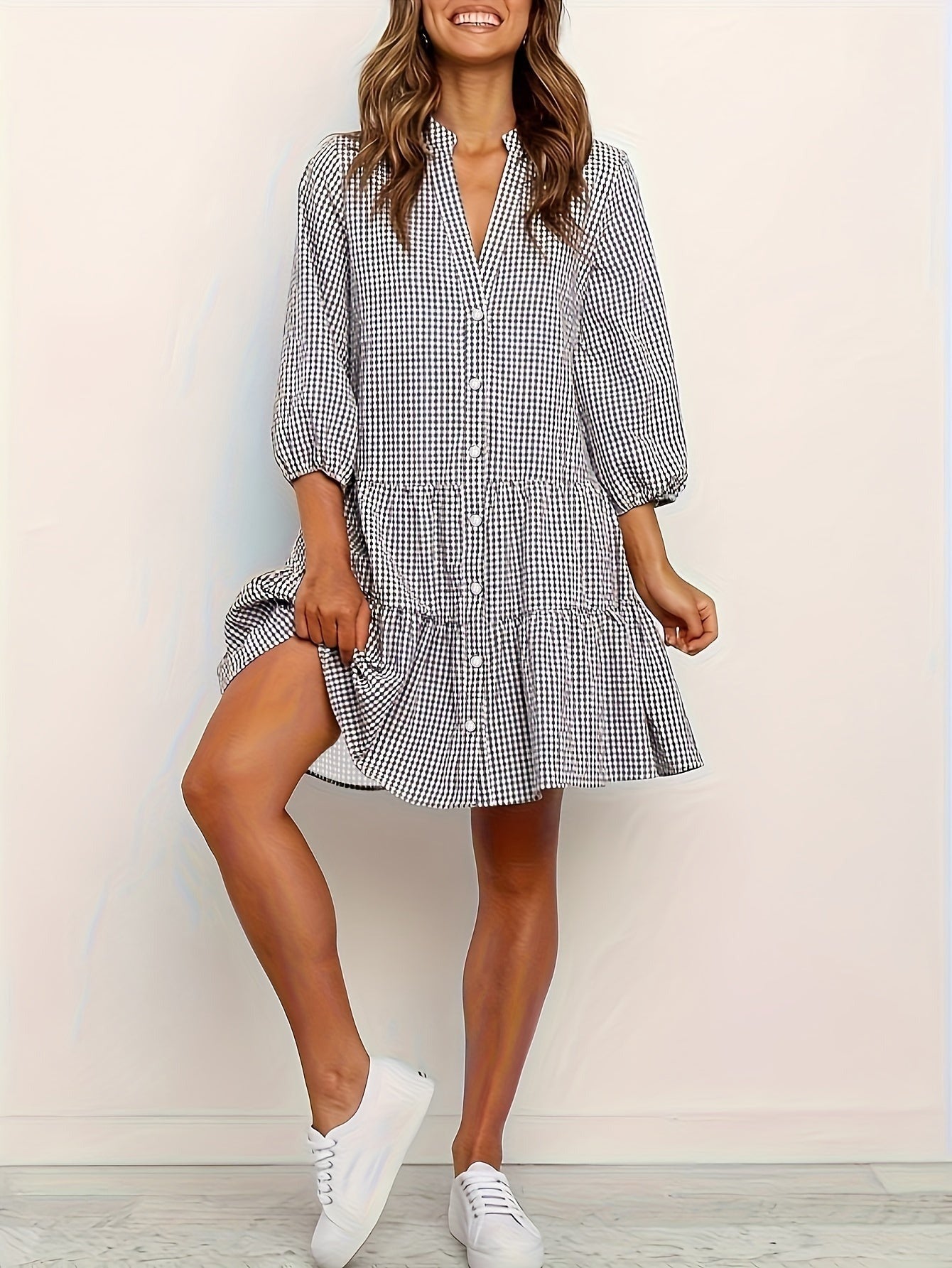 Gingham Tiered Mini Dress - Black